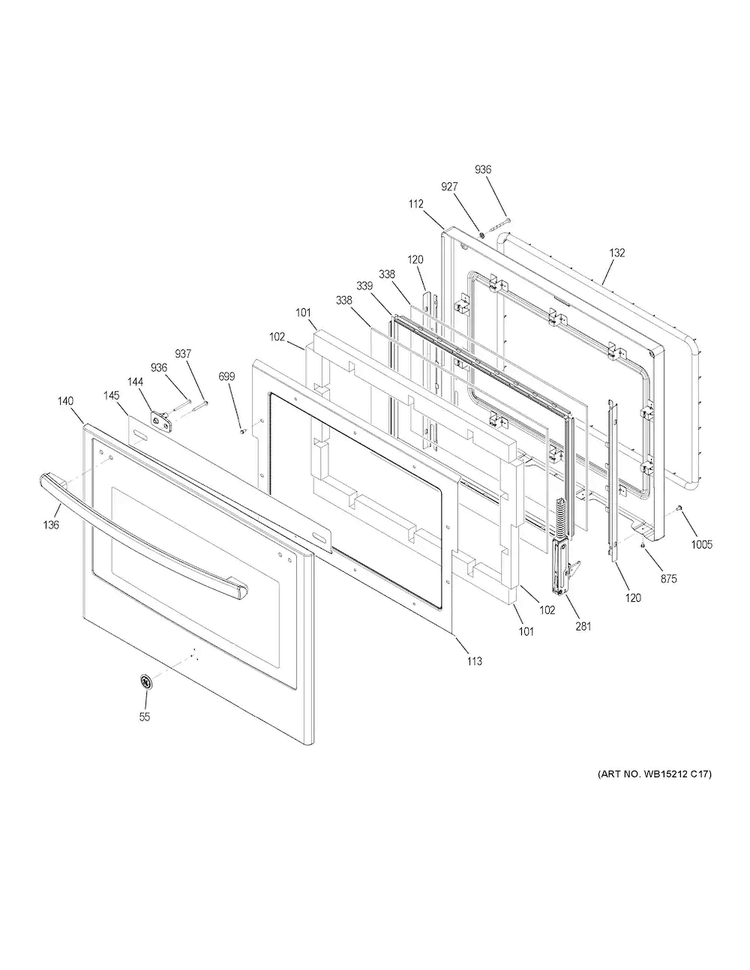 Upper Door Diagram and Parts List for PT7550SF3SS  General Electric Wall Oven