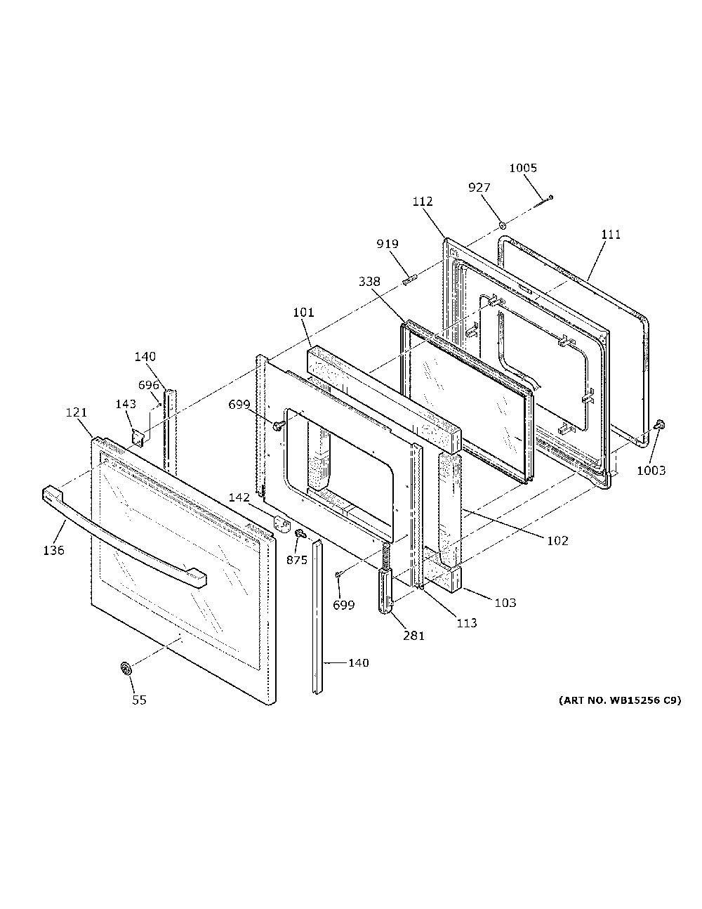 Door Diagram and Parts List for PB930SL5SS  General Electric Range