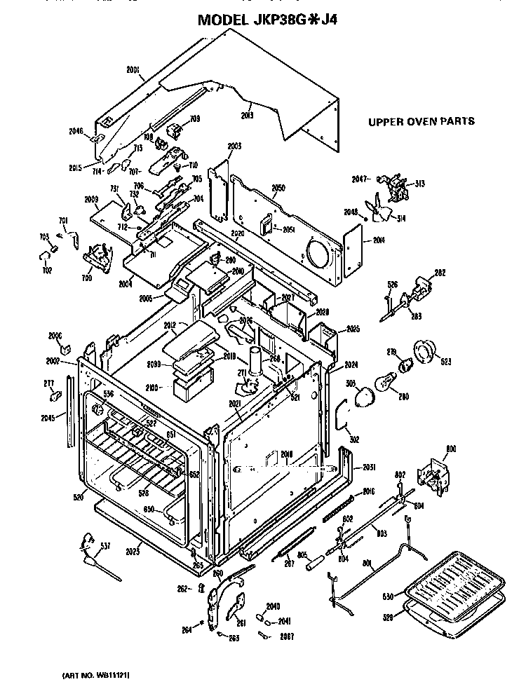 Upper Oven Diagram and Parts List for JKP38GJ4  General Electric Wall Oven