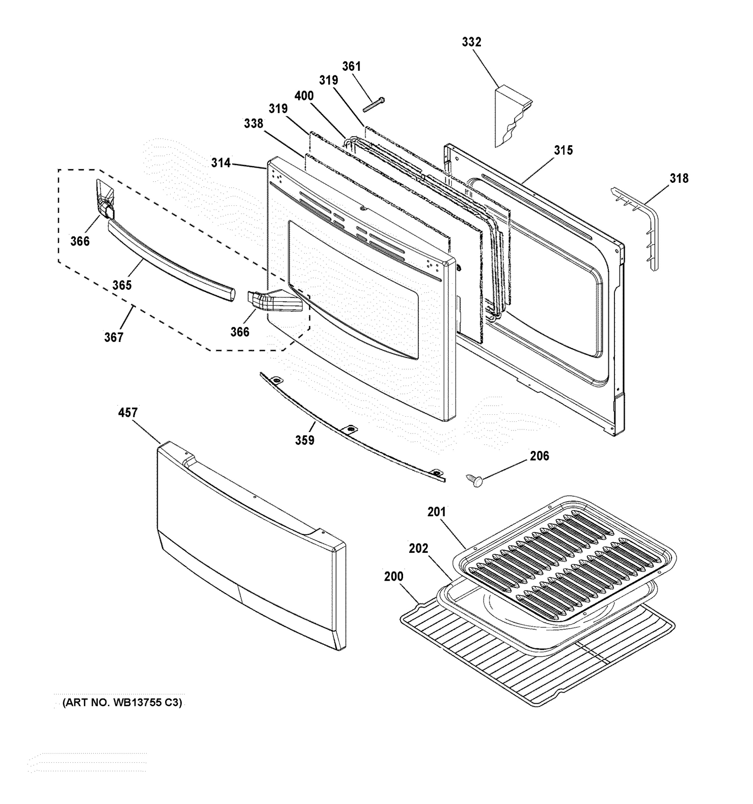 DOOR & DRAWER PARTS Diagram and Parts List for RA824DD2WW  General Electric Range
