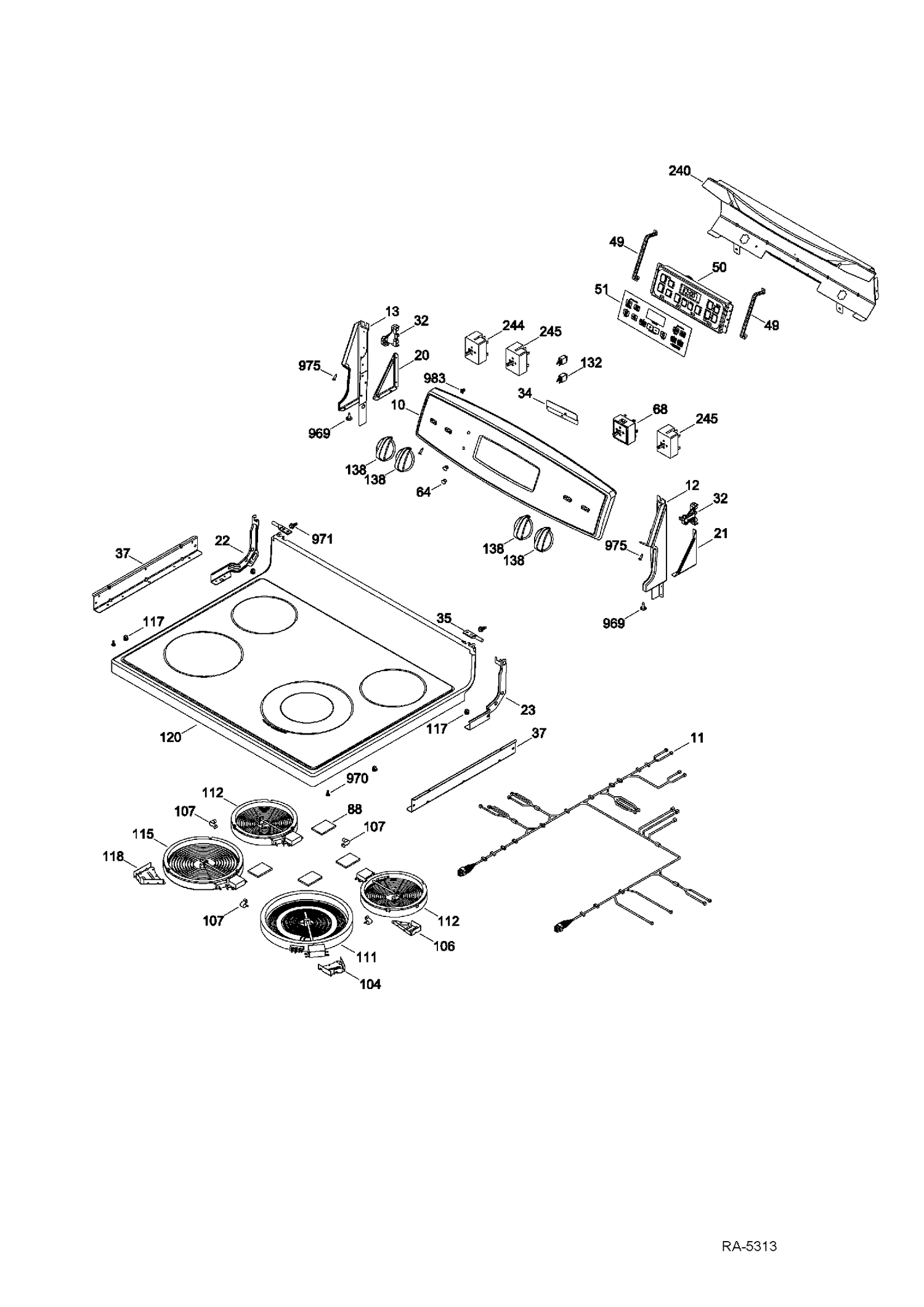 CONTROL PANEL & COOKTOP Diagram and Parts List for JCBS660SF1SS  General Electric Range