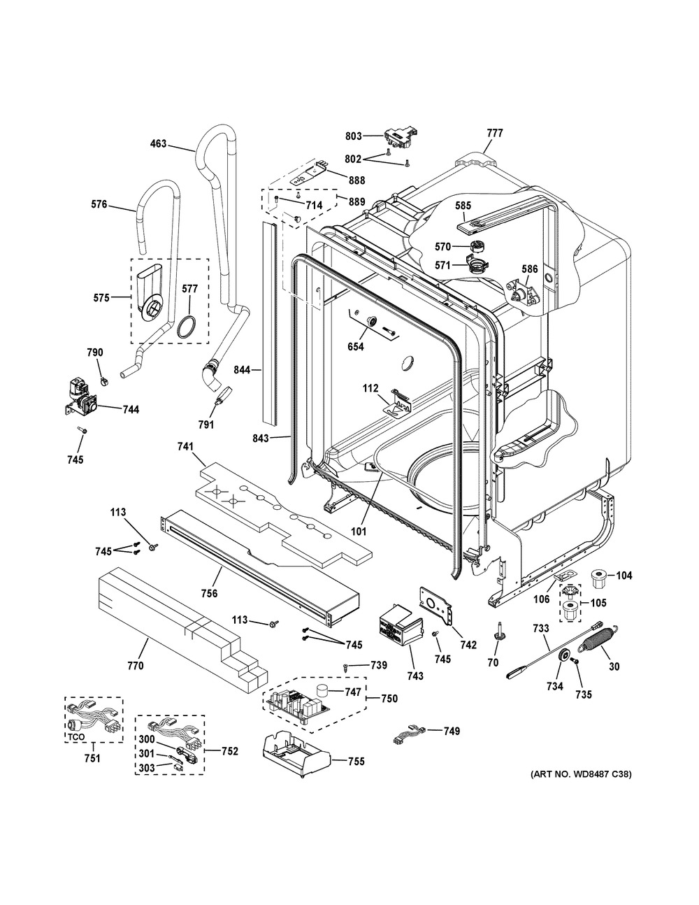 Body Parts 1 Diagram and Parts List for GDF630PSM1SS  General Electric Dishwasher