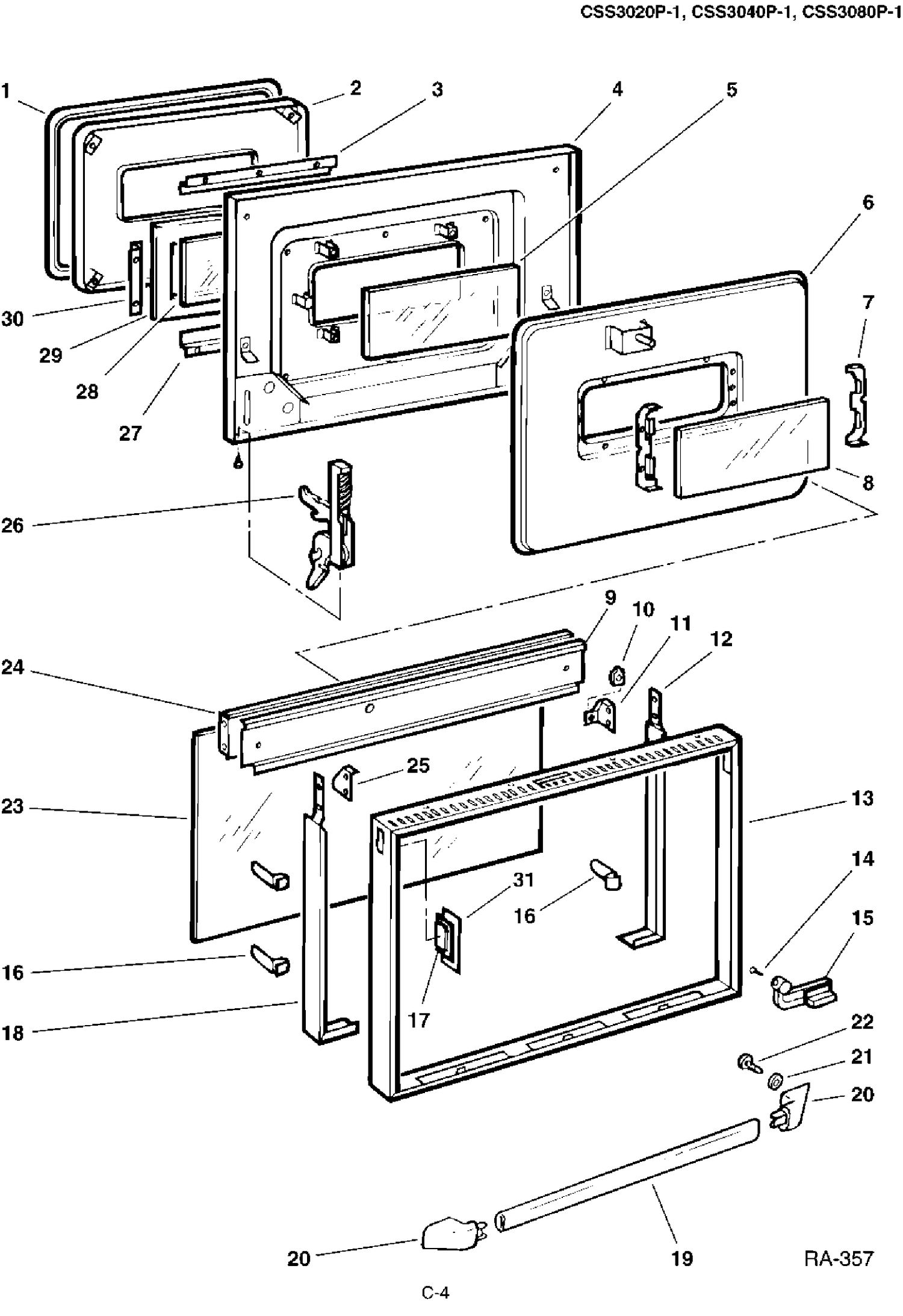 DOOR ASSEMBLY Diagram and Parts List for CSS3080P-1  General Electric Range