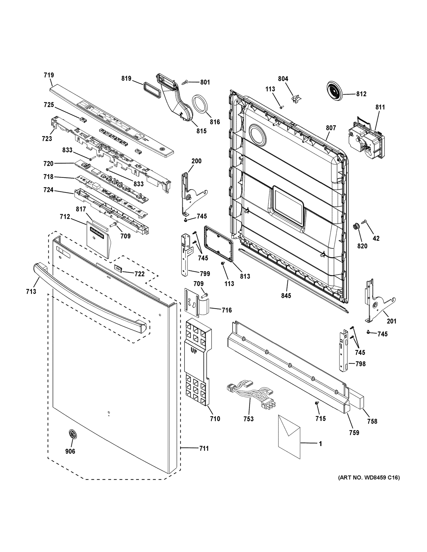ESCUTCHEON & DOOR ASSEMBLY Diagram and Parts List for GDT545PGJ4BB  General Electric Dishwasher