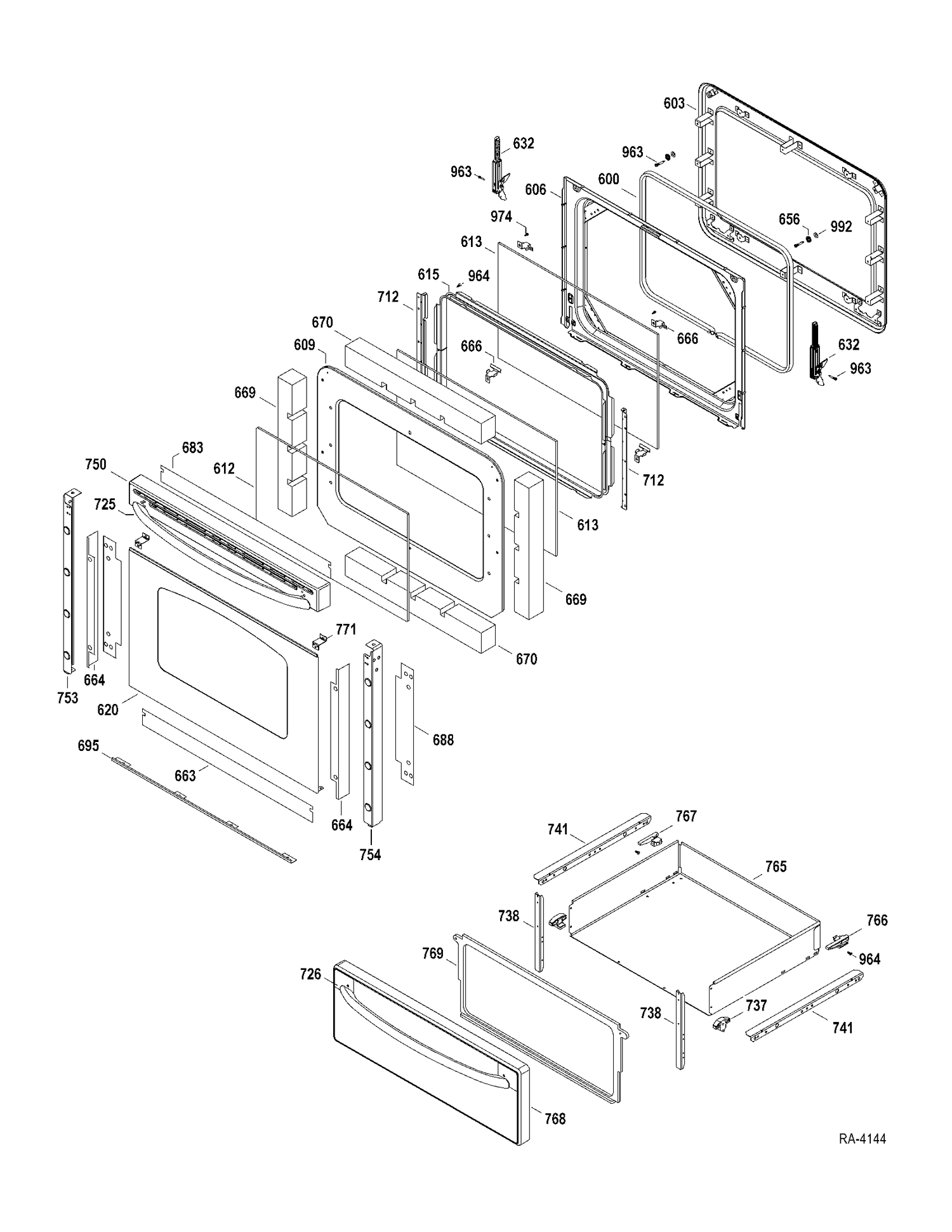 DOOR-DRAWER Diagram and Parts List for JCBP620ST1SS  General Electric Range