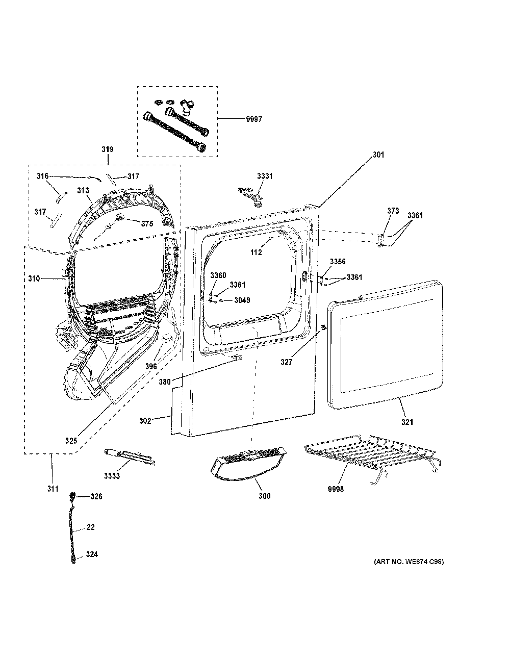 Front Panel And Door Diagram and Parts List for GTD75GCPL1DG  General Electric Dryer