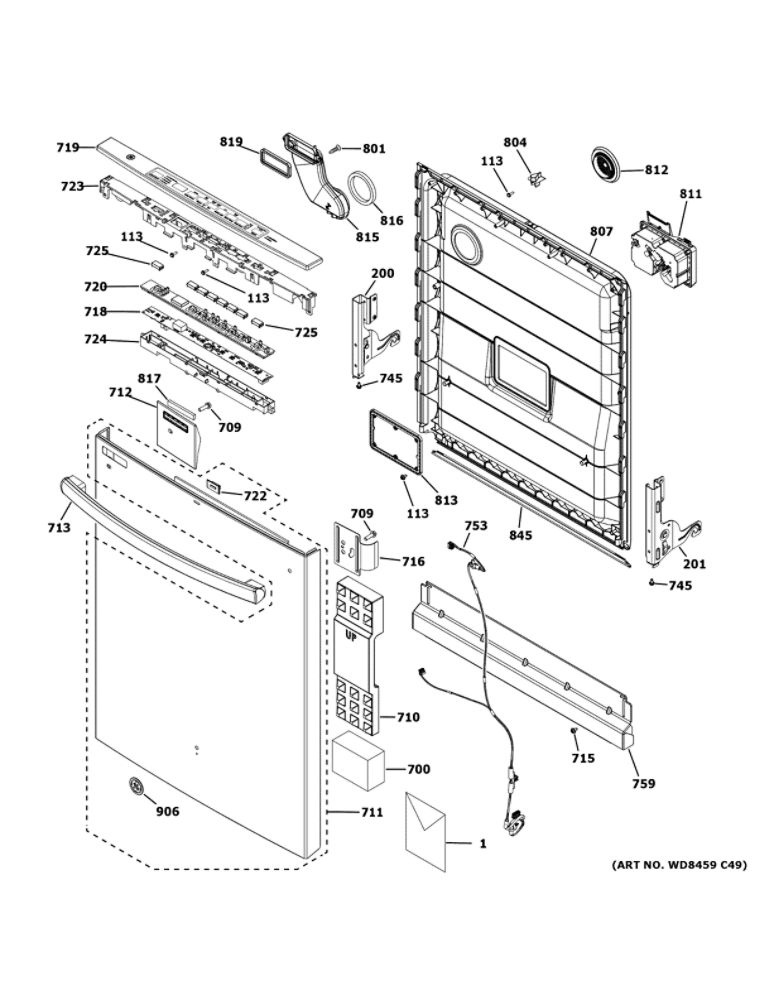 Escutcheon And Door Assembly Diagram and Parts List for GDT630PFM6DS  General Electric Dishwasher