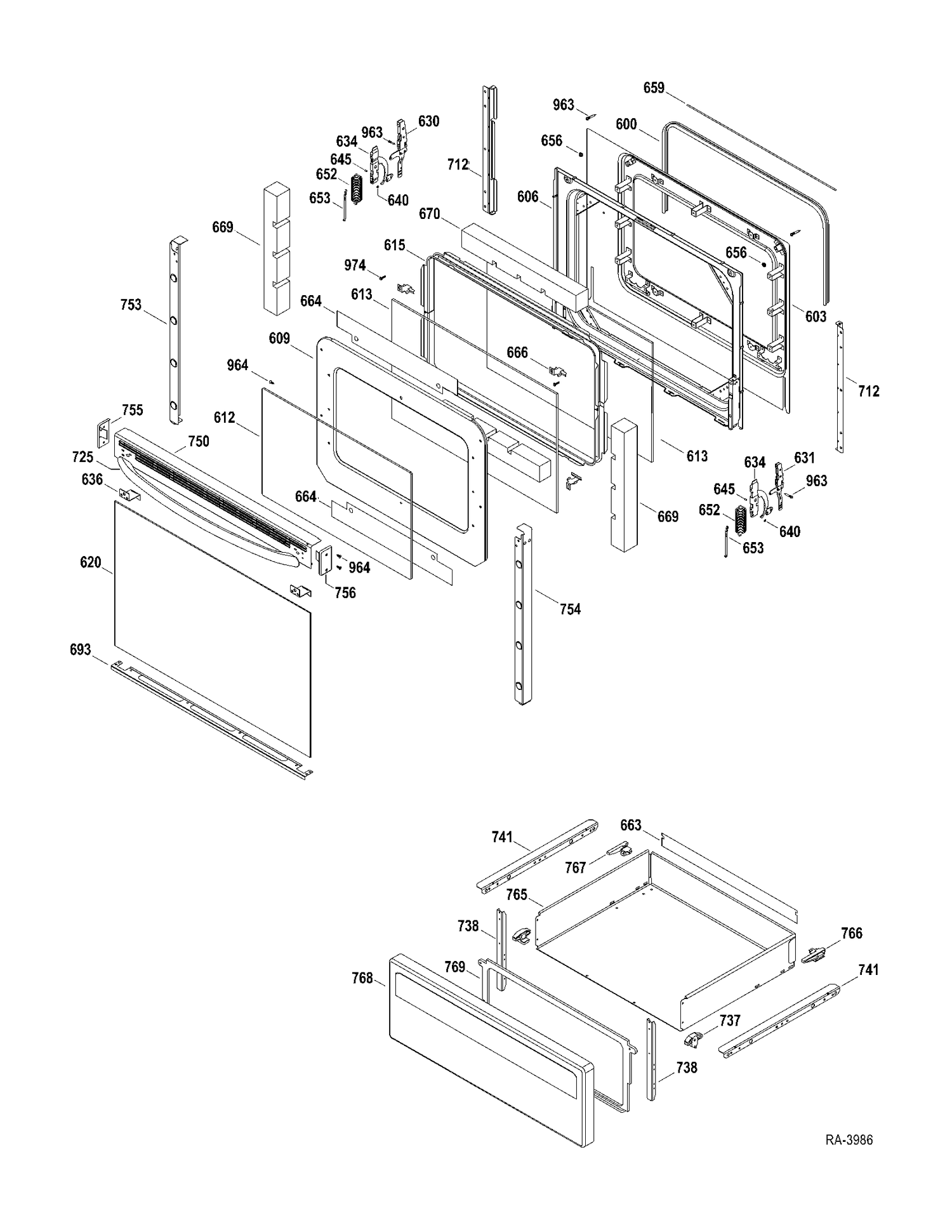DOOR-DRAWER Diagram and Parts List for JCBP83DP2WW  General Electric Range