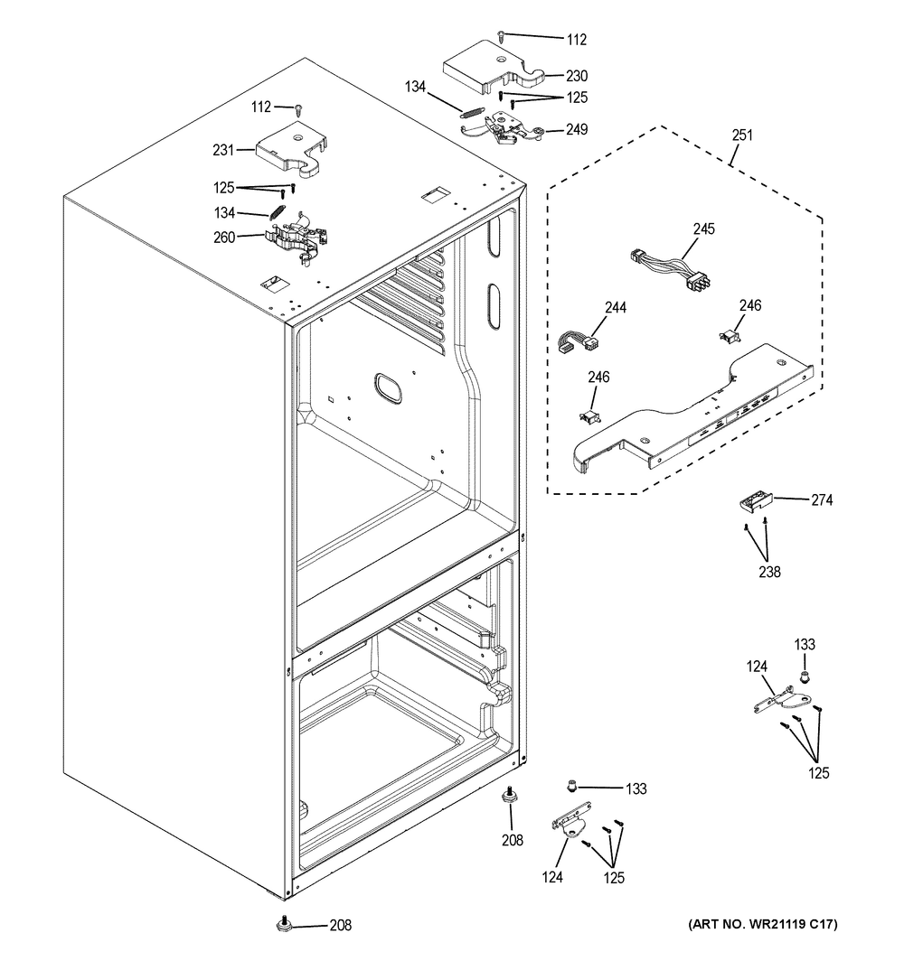 Case Parts Diagram and Parts List for GWE19JGLYFBB  General Electric Refrigerator