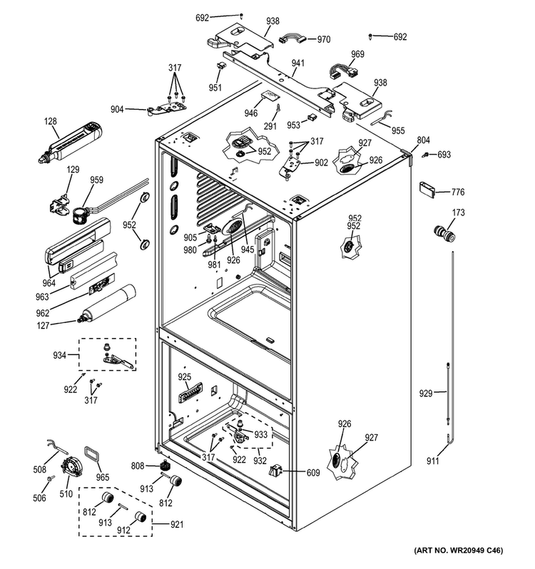 Case Parts Diagram and Parts List for GFE26GGHGWW  General Electric Refrigerator