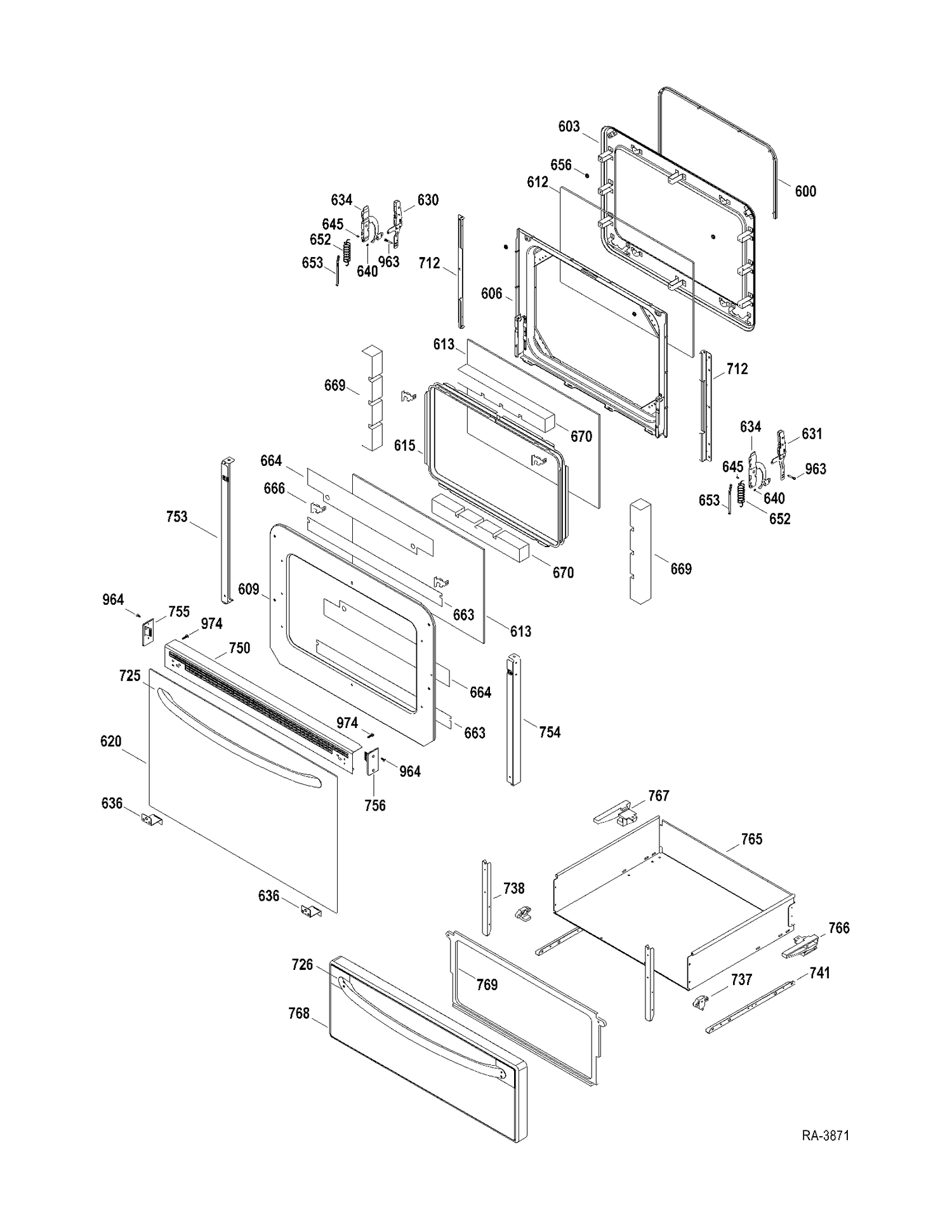 DOOR-DRAWER Diagram and Parts List for JCBP65MP3BS  General Electric Range
