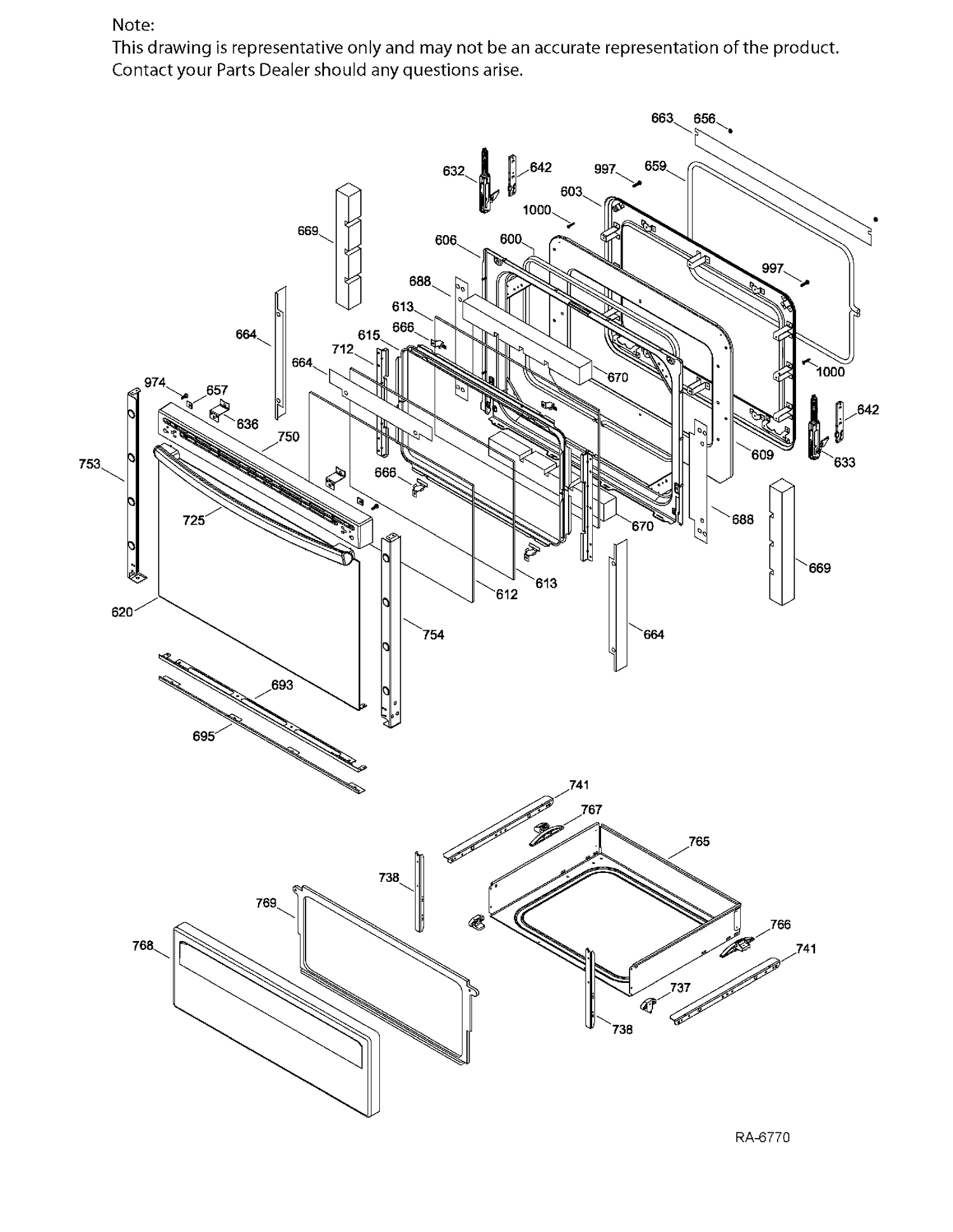 DOOR & DRAWER Diagram and Parts List for JCB630DK1WW  General Electric Range