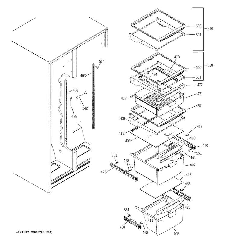 Fresh Food Shelves Diagram and Parts List for GSH22JGDDCC  General Electric Refrigerator