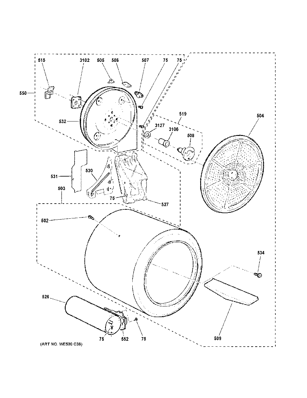 Drum Diagram and Parts List for NTX62G8ST0WW  General Electric Dryer