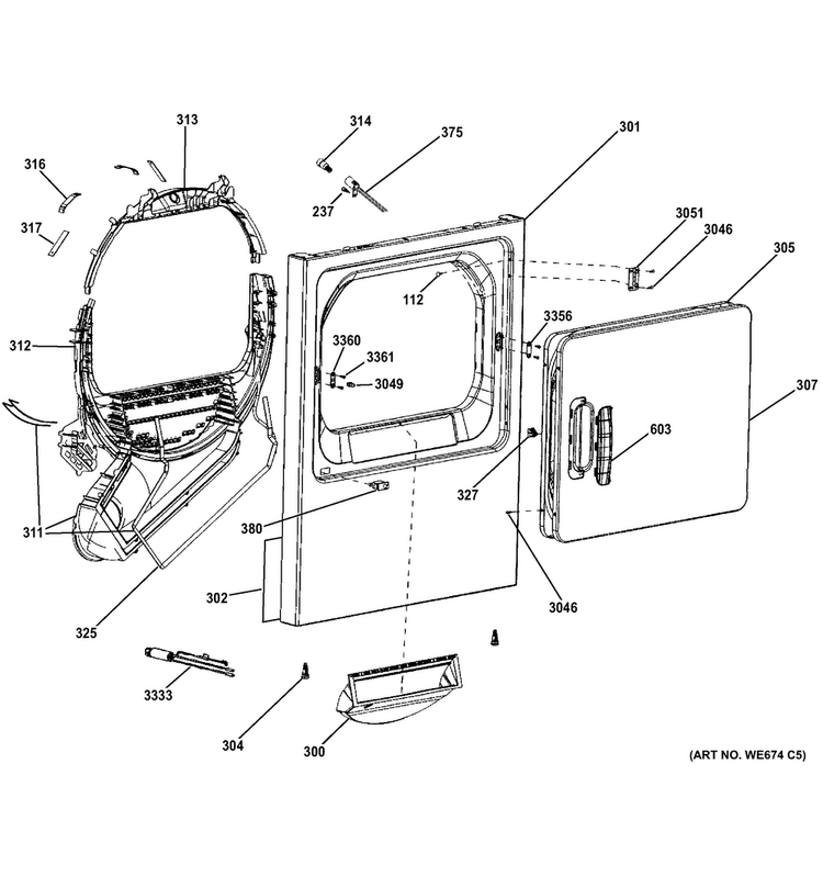 Front Panel & Door Diagram and Parts List for GTDN550GD5WW  General Electric Dryer