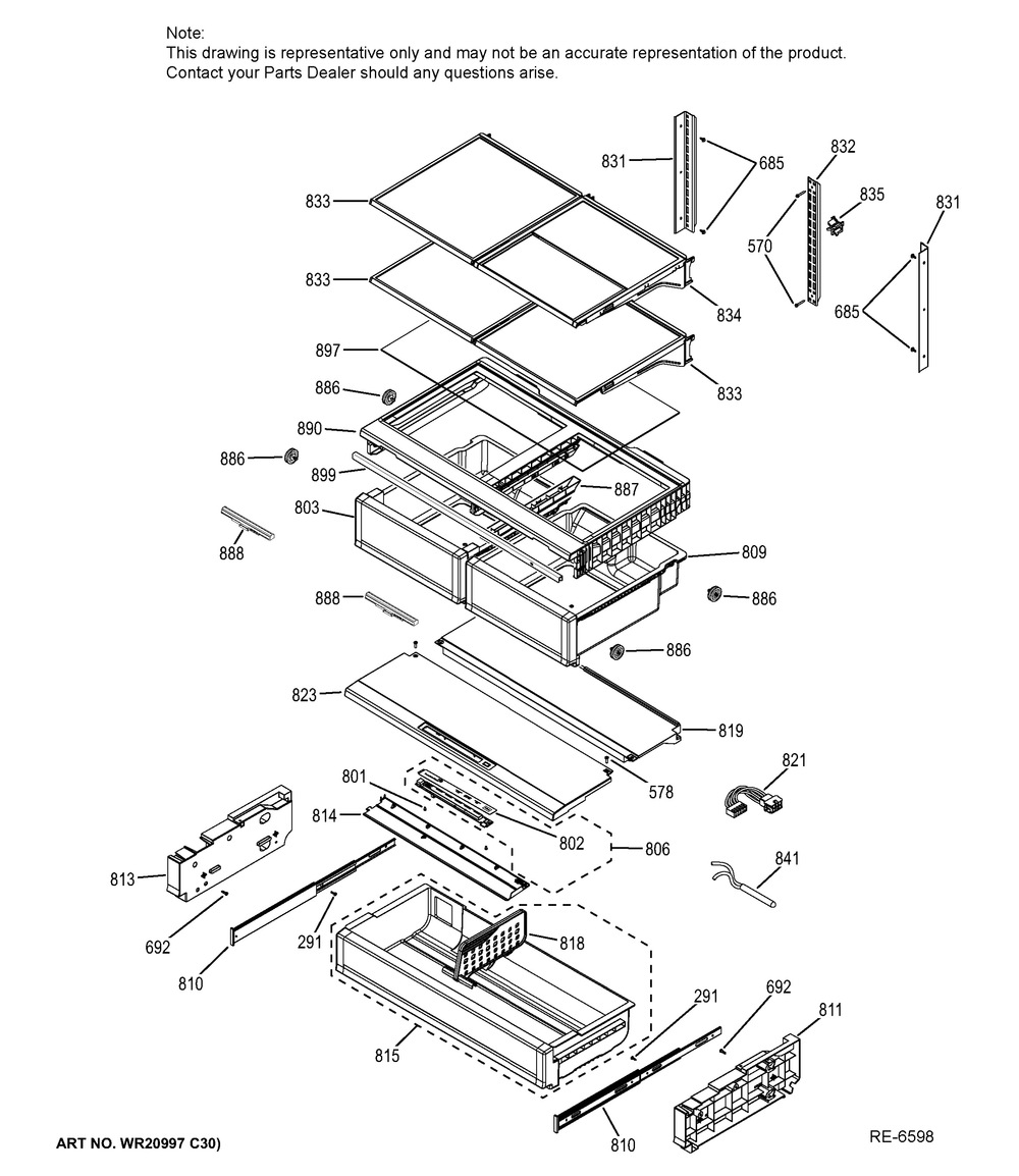 Fresh Food Shelves Diagram and Parts List for GFMS140ED1WW  General Electric Refrigerator