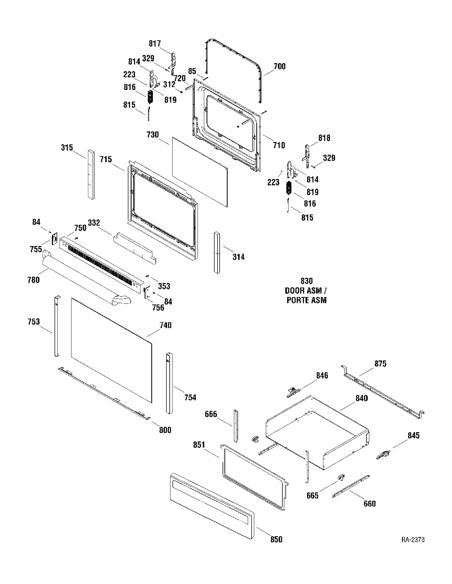 DOOR & DRAWER Diagram and Parts List for JCBS35WJ2WW  General Electric Range