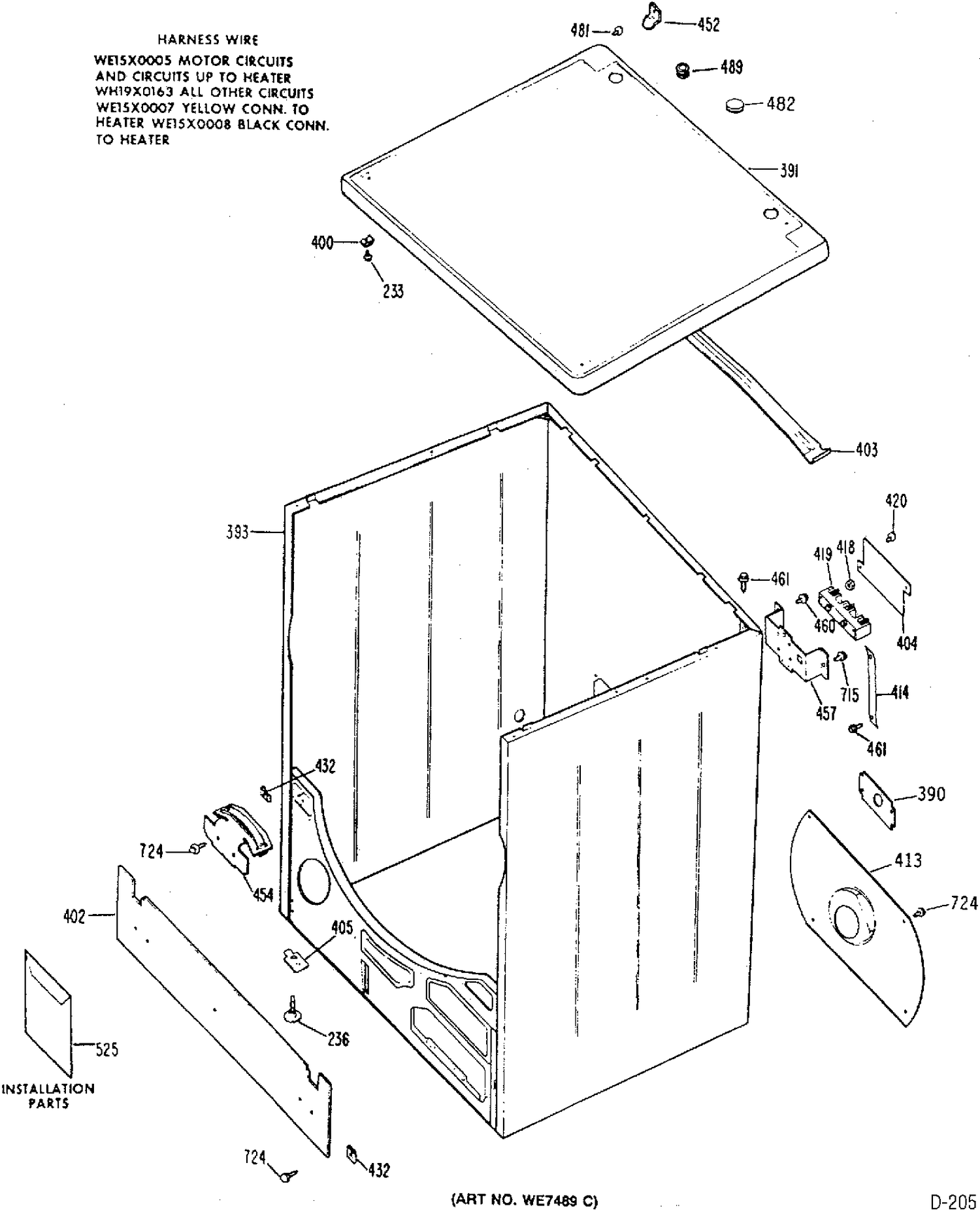 CABINET & TOP GROUP Diagram and Parts List for DDC5200MDL  General Electric Dryer