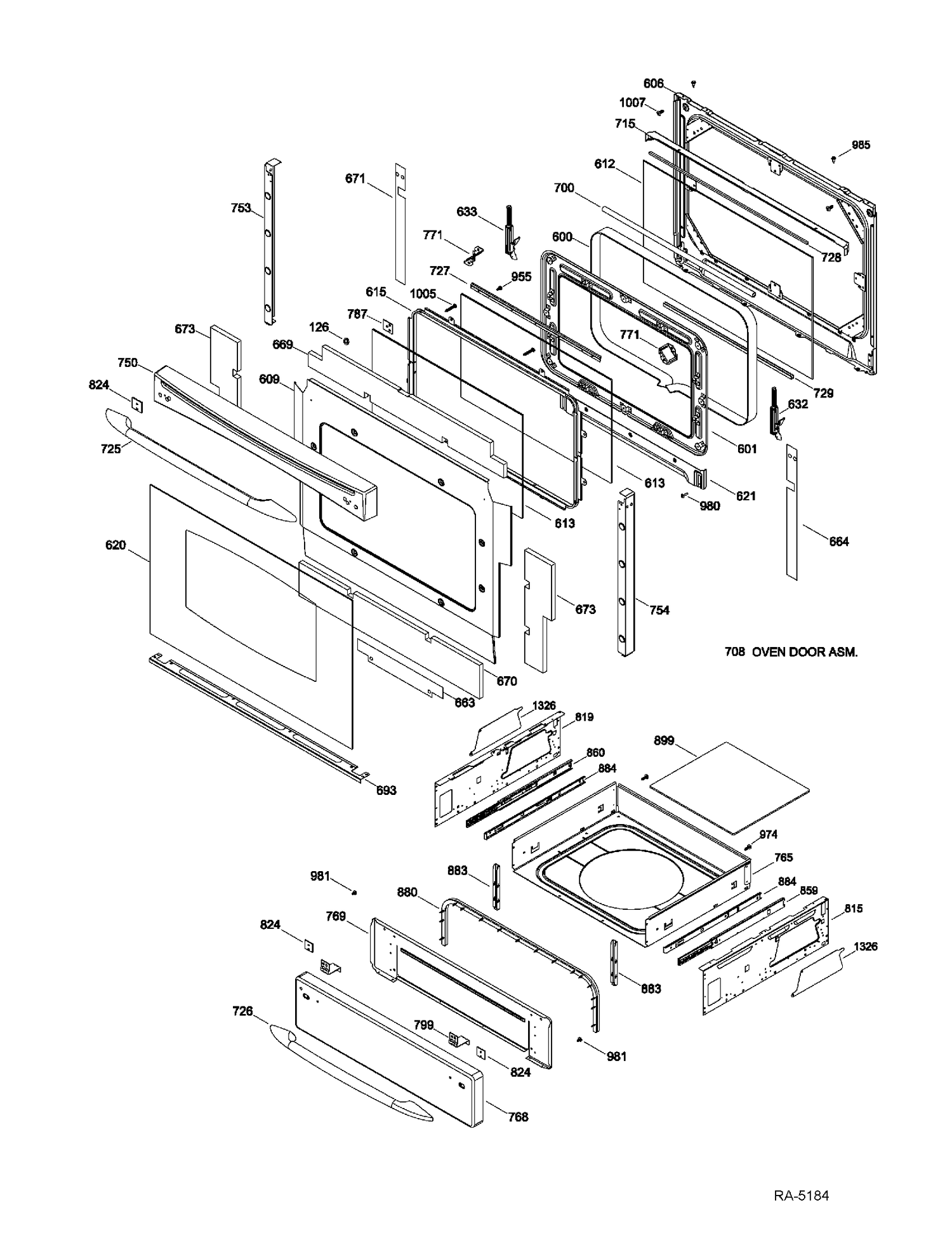 DOOR & DRAWER Diagram and Parts List for PCS905DR4BB  General Electric Air Conditioner