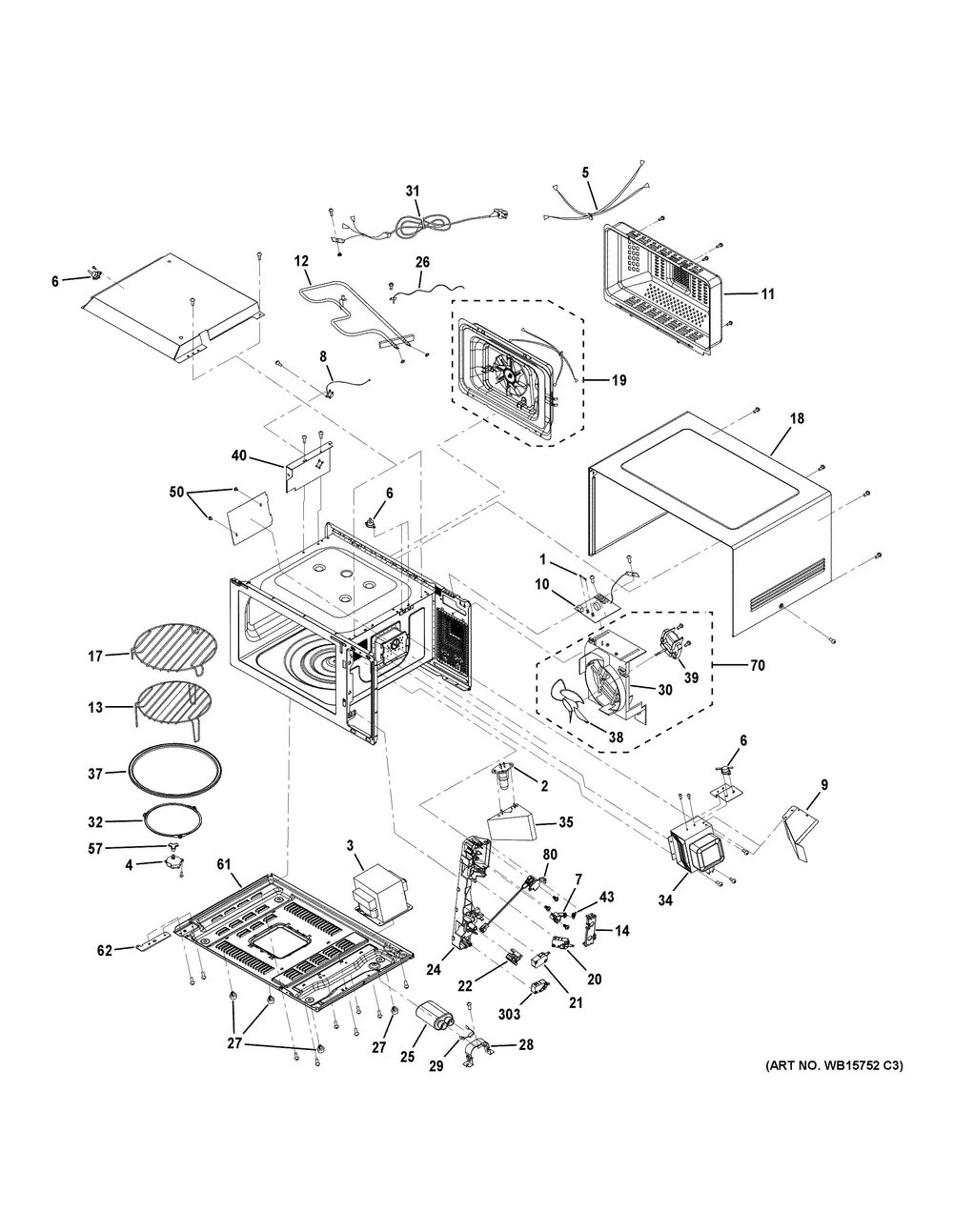 Oven Cavity Parts Diagram and Parts List for PCWK15C1W1SS  General Electric Microwave Oven Combo