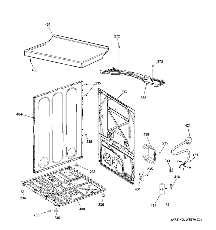 Cabinet & Top Panel Diagram and Parts List for GTDP280GD3WW  General Electric Dryer