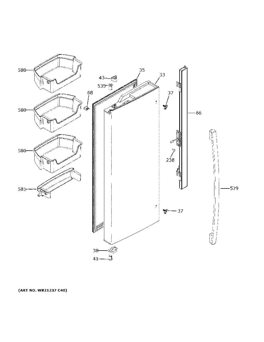Fresh food door - lh Diagram and Parts List for GNE21FMKNFES  General Electric Refrigerator