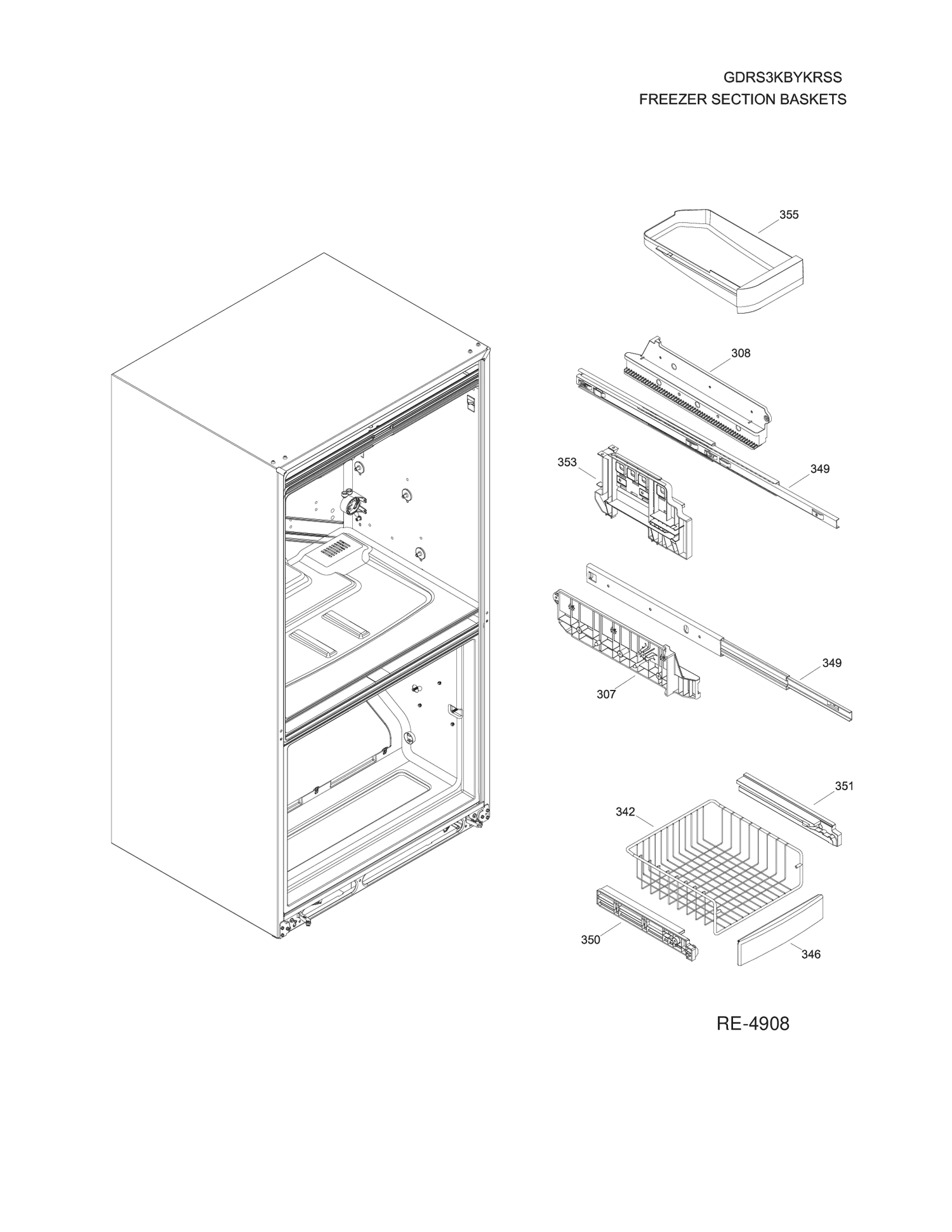FREEZER SECTION BASKETS Diagram and Parts List for GDRS3KBYKRSS  General Electric Refrigerator