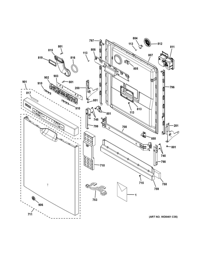 Escutcheon & Door Assembly Diagram and Parts List for GDF540HGD6BB  General Electric Dishwasher
