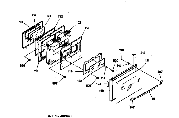 Oven Door Diagram and Parts List for JSP31WV2WW  General Electric Range