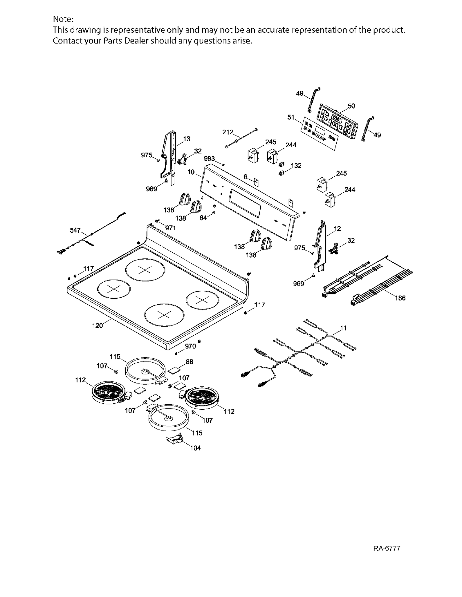 CONTROL PANEL & COOKTOP Diagram and Parts List for JCB635DK1BB  General Electric Range