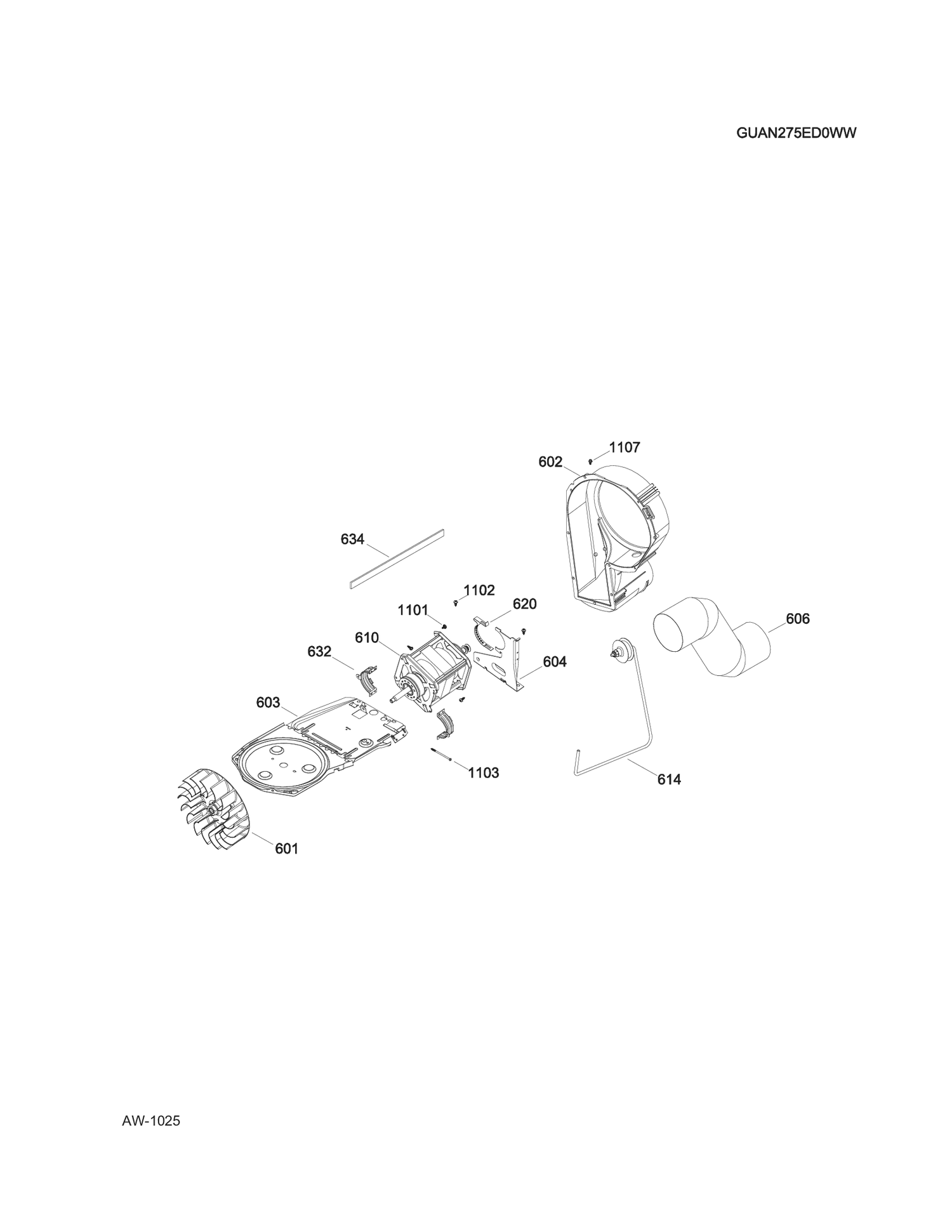BLOWER & DRIVE ASSEMBLY DRYER Diagram and Parts List for GUAN275ED0WW  General Electric Washer