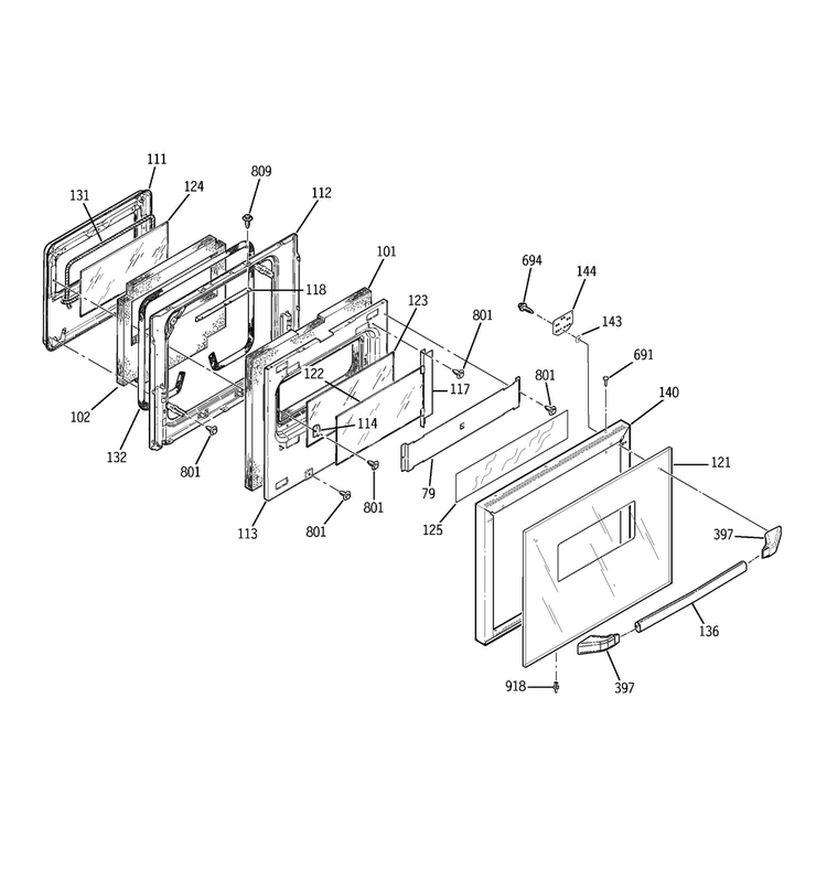 Upper Door Diagram and Parts List for JRP24BW3BB  General Electric Wall Oven