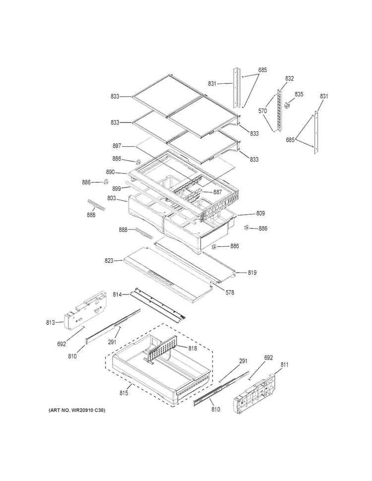 Fresh Food Shelves Diagram and Parts List for GFE28GGKDBB  General Electric Refrigerator