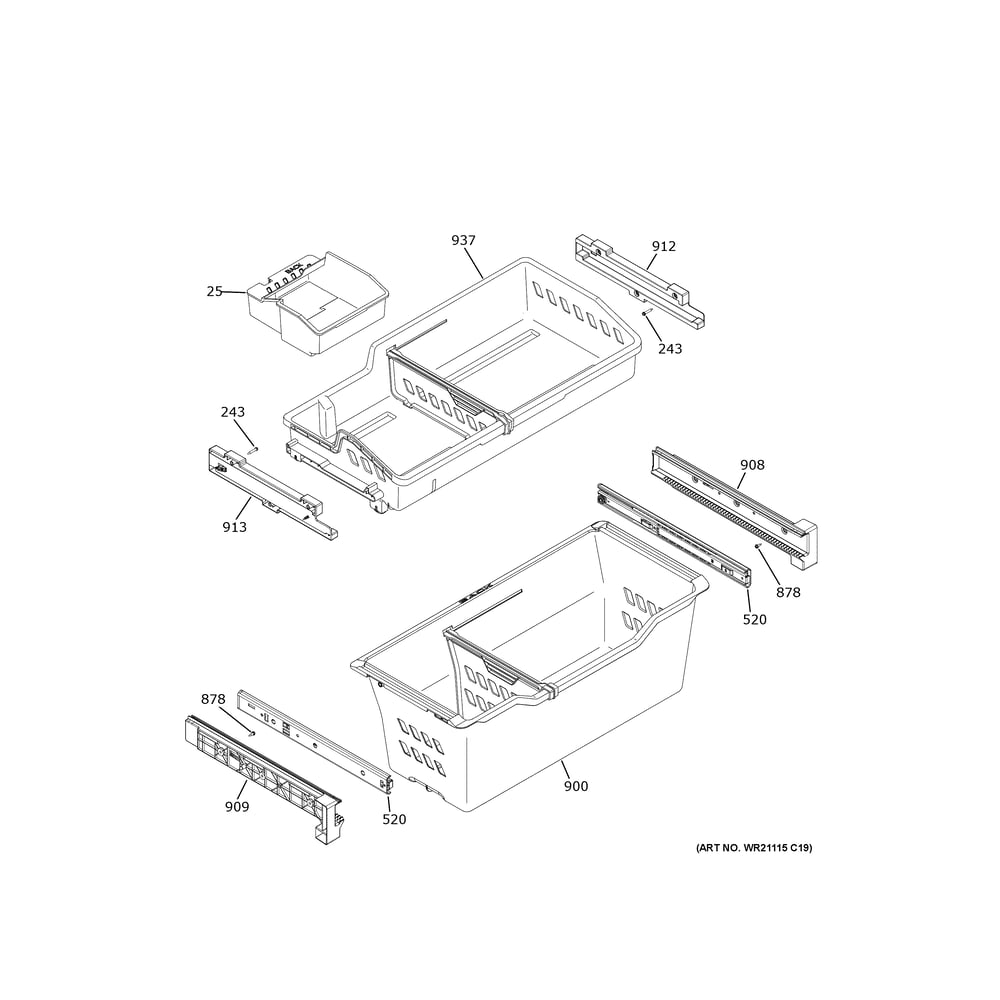 Freezer Shelves Diagram and Parts List for GWE22JYMCFFS  General Electric Refrigerator