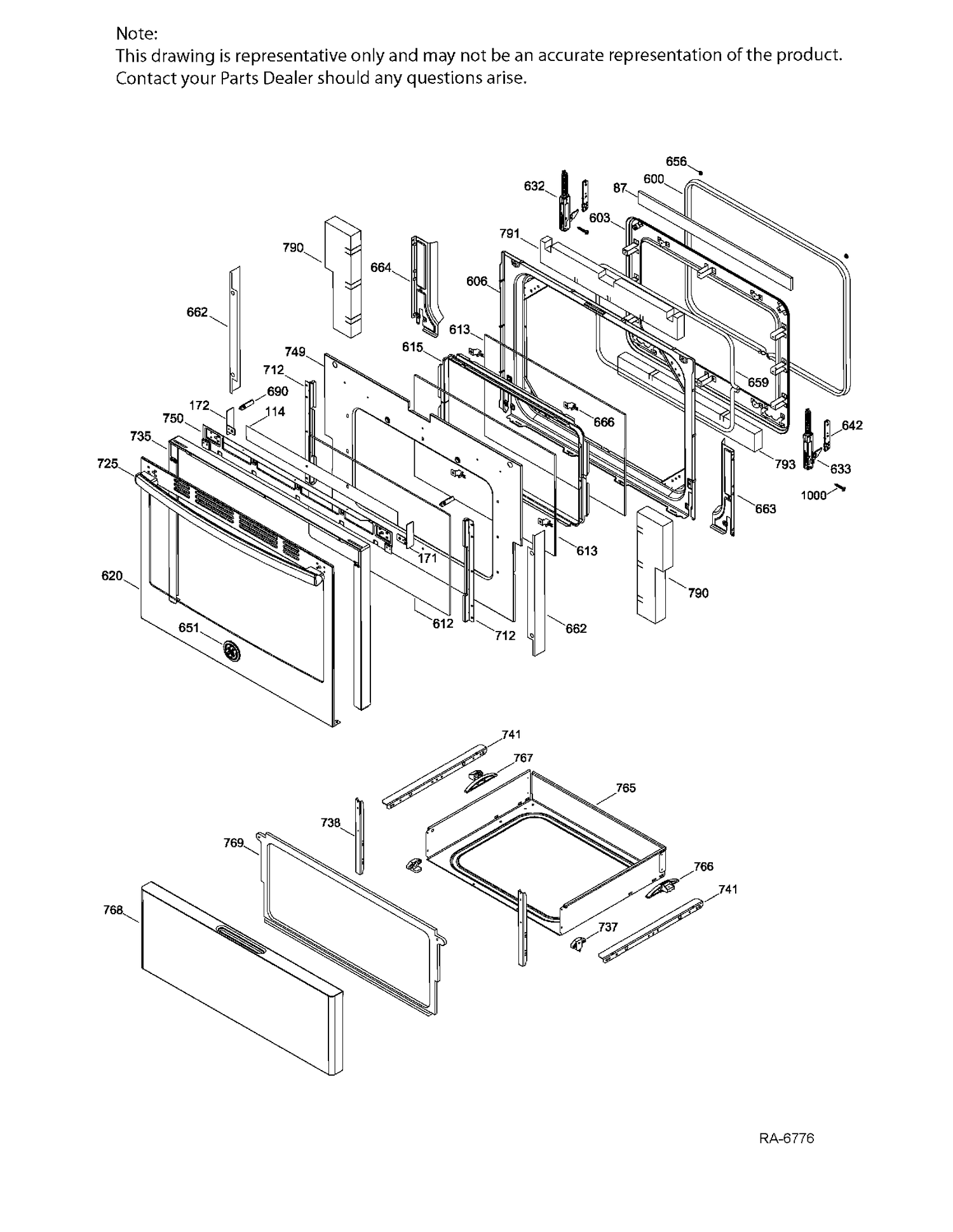 DOOR & DRAWER Diagram and Parts List for JCB630SK1SS  General Electric Range