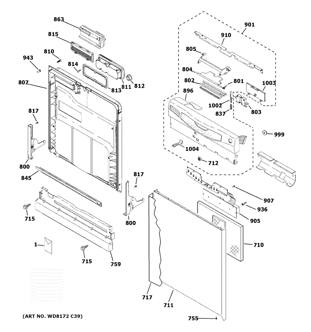 Escutcheon & Door Assembly Diagram and Parts List for GLD4968T05SS  General Electric Dishwasher