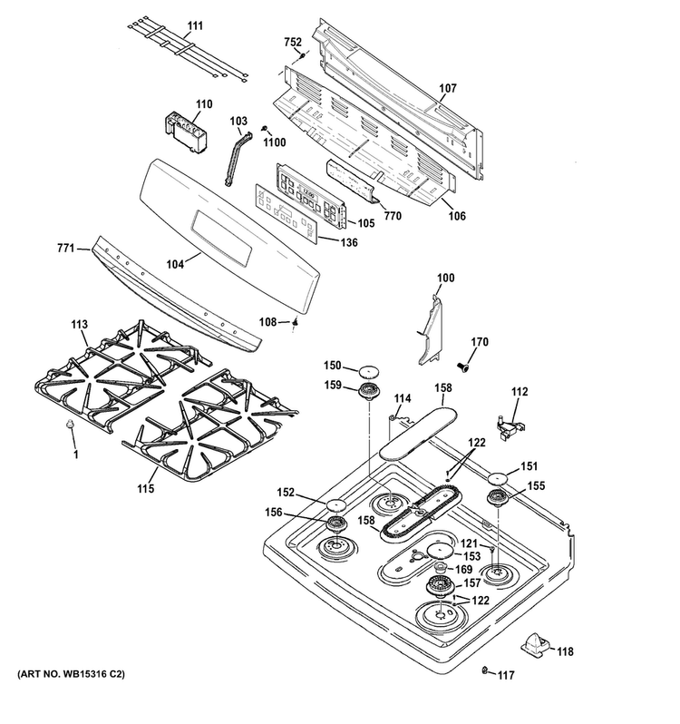 Control Panel & Cooktop Diagram and Parts List for JGB695EEF1ES  General Electric Range
