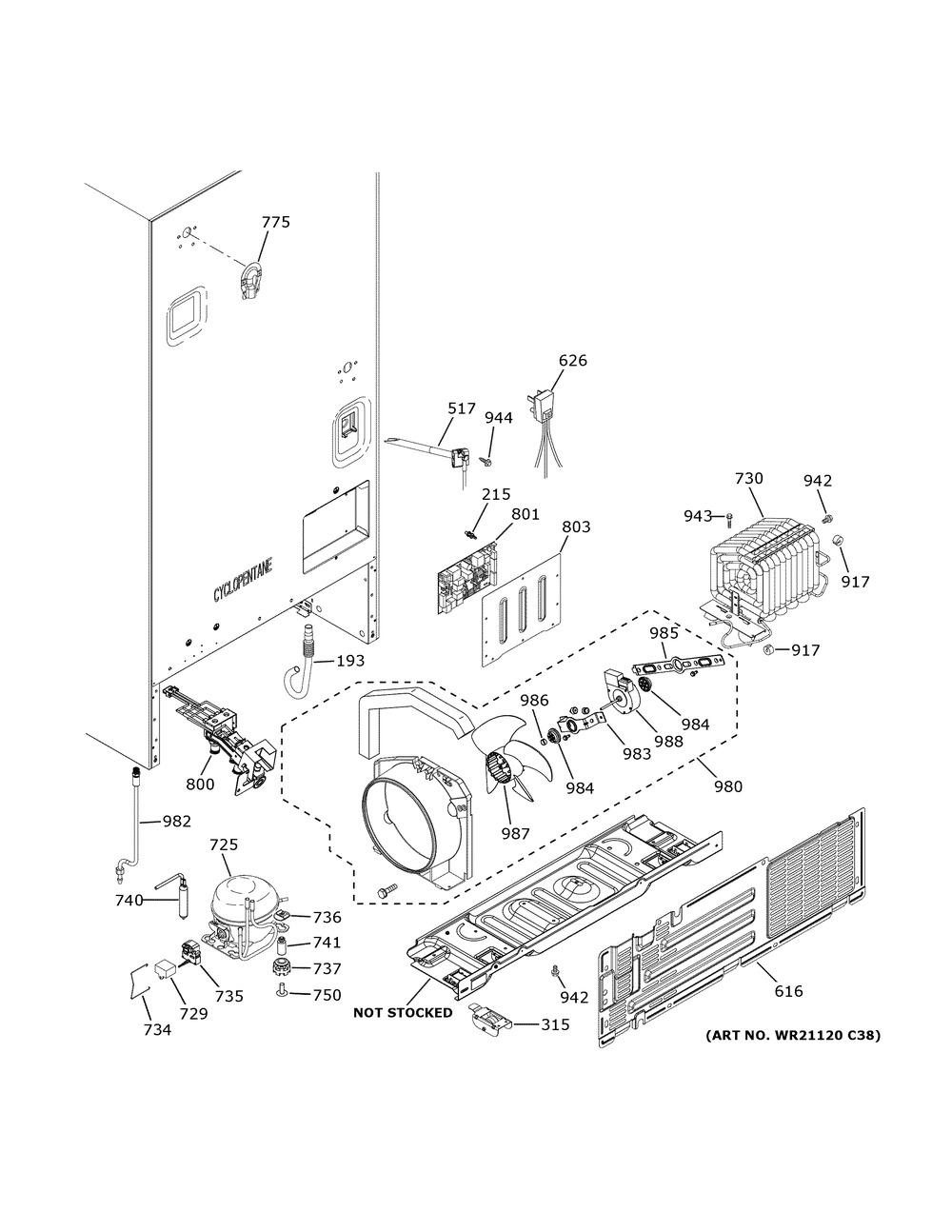 Machine Compartment Diagram and Parts List for GWE19JSLDFSS  General Electric Refrigerator