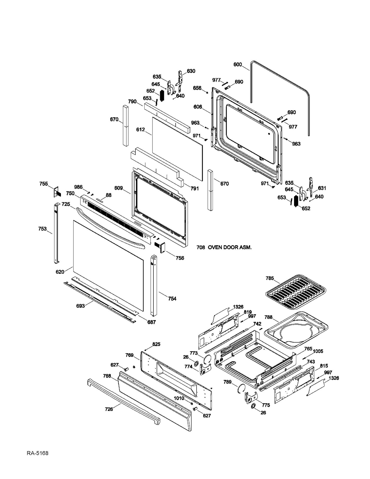DOOR & DRAWER Diagram and Parts List for JCGBS23DET2BB  General Electric Range