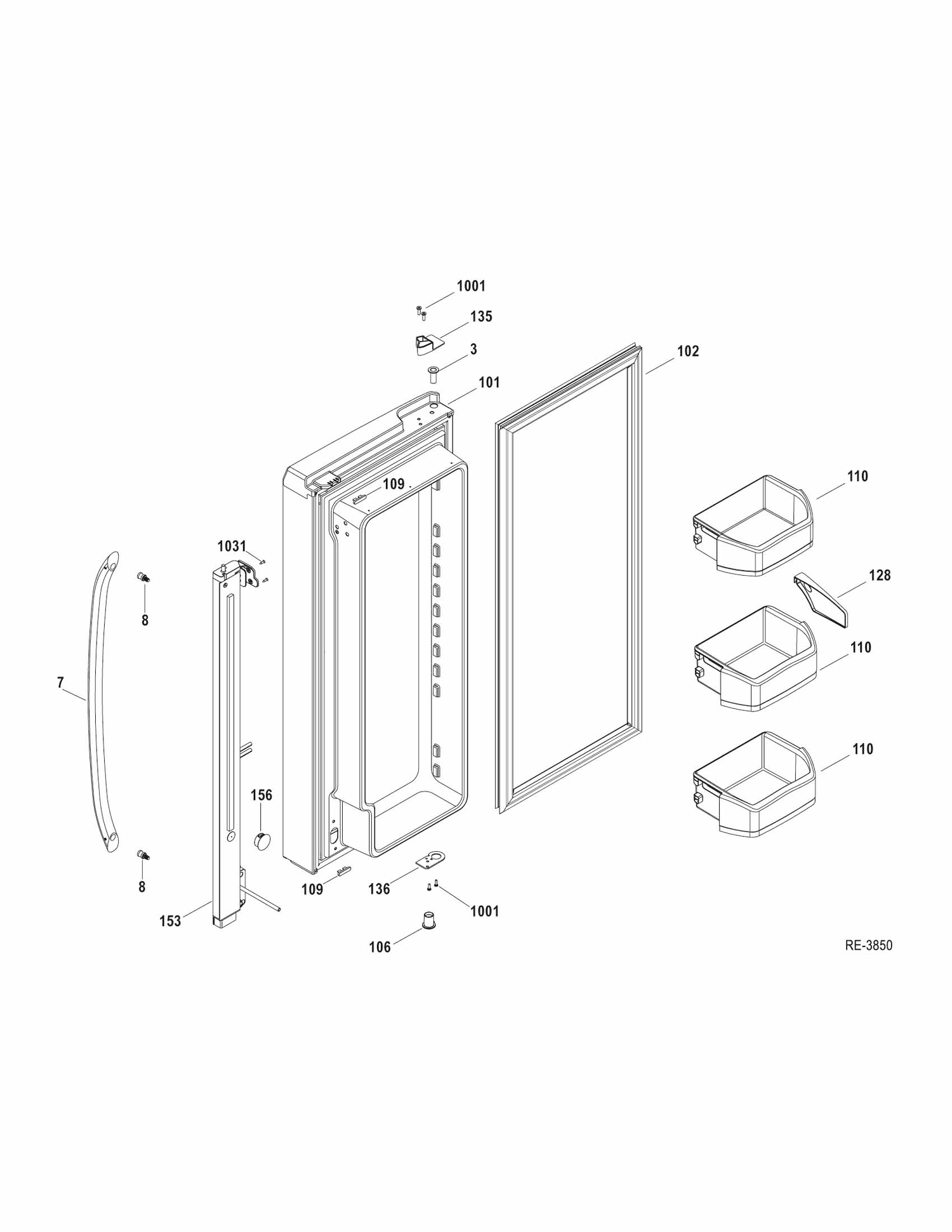 FF DOOR LEFT Diagram and Parts List for GFRF2KBYCWW  General Electric Refrigerator