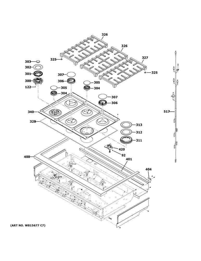 Cooktop Diagram and Parts List for CGU486P4T1W2  General Electric Cooktop