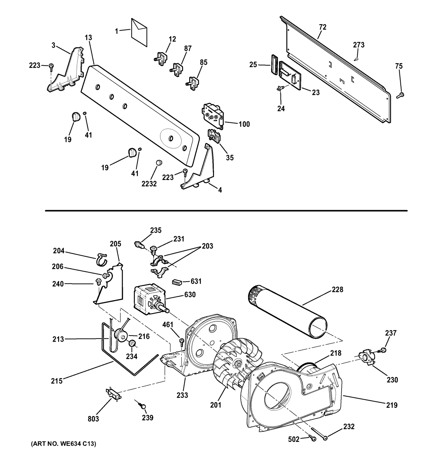 BACKSPLASH, BLOWER & DRIVE ASSEMBLY Diagram and Parts List for GHDP490GF1WW  General Electric Dryer