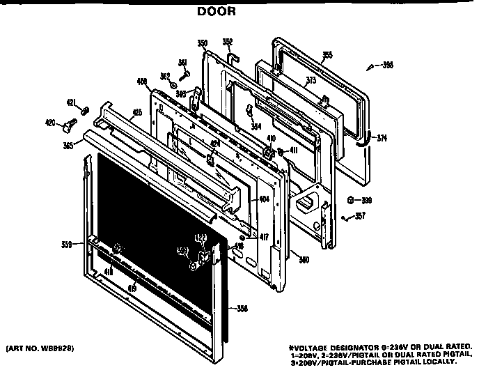 Door Diagram and Parts List for JKP07G*D2  General Electric Wall Oven