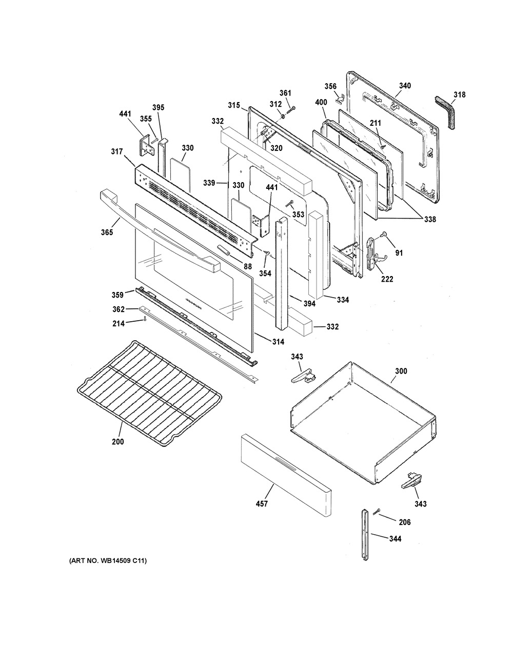 Door And Drawer Parts Diagram and Parts List for XCF300PM2WW  General Electric Range