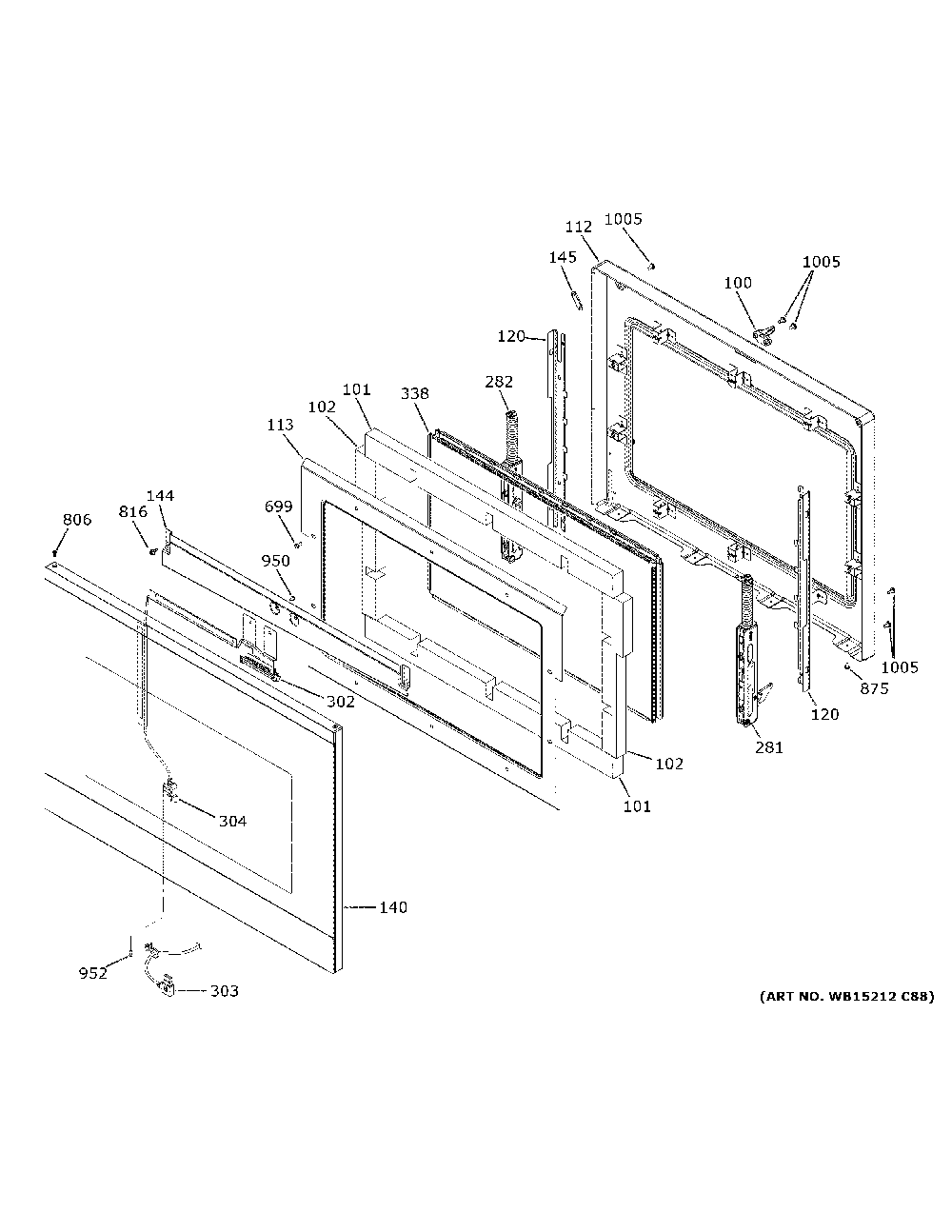 Door Diagram and Parts List for CTS90DM2N2S5  General Electric Wall Oven