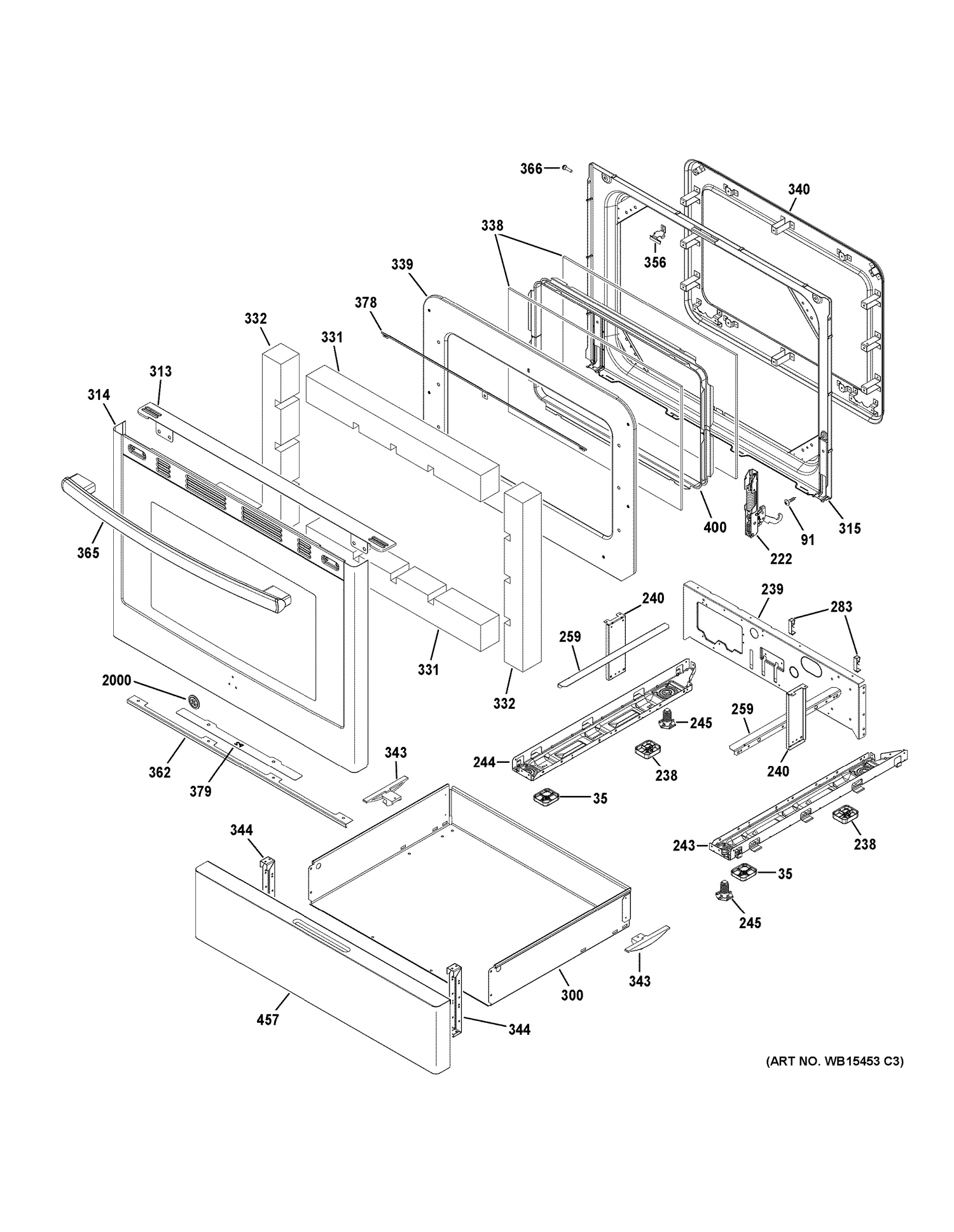 DOOR & DRAWER PARTS Diagram and Parts List for JGB720FEJ1DS  General Electric Range