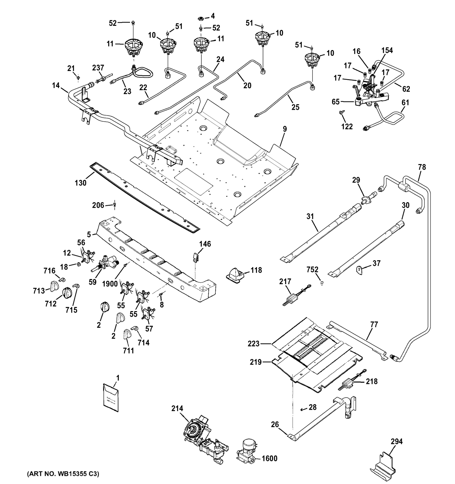 GAS & BURNER PARTS Diagram and Parts List for PGB945SEF3SS  General Electric Range