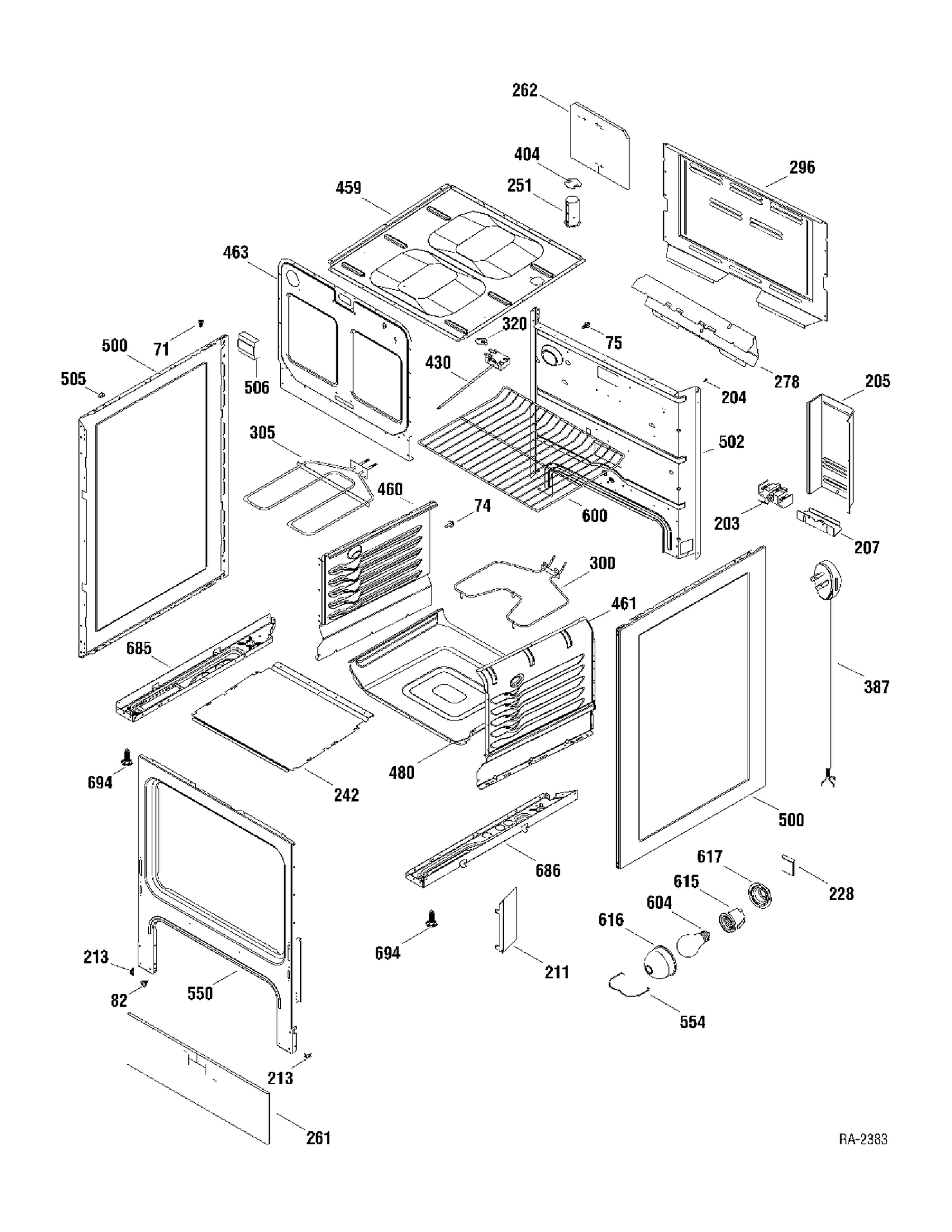 BODY PARTS Diagram and Parts List for RCBS536WJ2WW  General Electric Range
