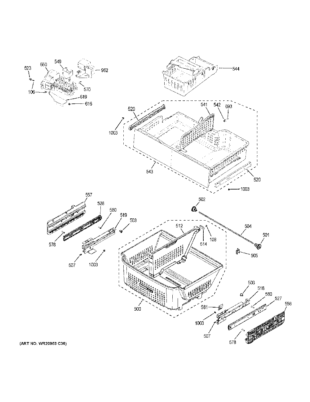Freezer shelves Diagram and Parts List for GNE29GYNDFS  General Electric Refrigerator