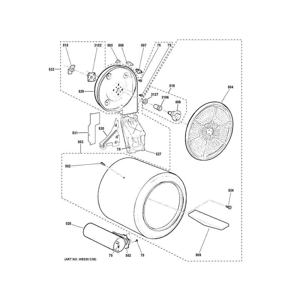 Drum Diagram and Parts List for PTD80GBPT0RS  General Electric Dryer